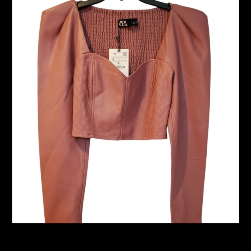 ZARA FAUX LEATHER CROP TOP PUFF SLEEVES Small Mauve NWT - Picture 12 of 12